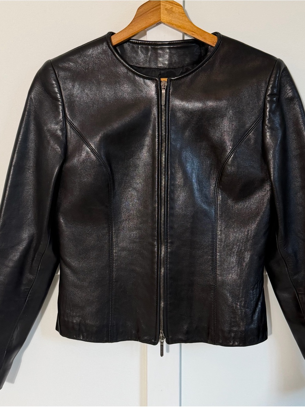 Le Createur Slim-Fit Black Leather Zip Jacket - Size 4